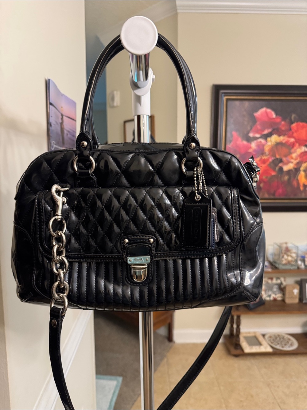 Coach Black Quilted Patent Leather Satchel with Chain Strap